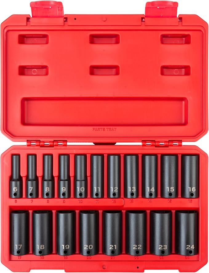 TEKTON 3/8 Inch Drive Deep 6-Point Impact Socket Set, 19-Piece (6-24 mm) - Case | SID91303