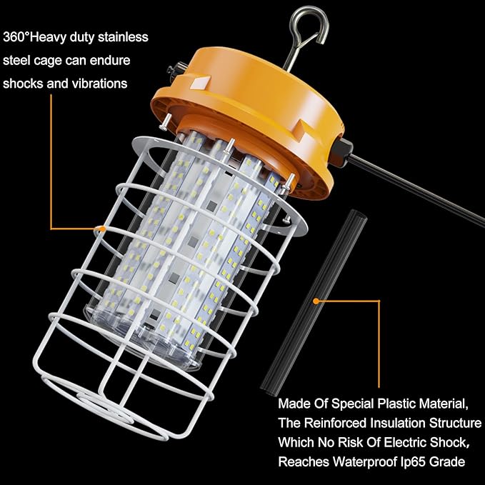 LED Temporary Work Light 100W 15000Lm 5000K Daylight White High Bay led Construction Light with Hook Portable Linkable Durable LED Job Site Lighting for Damp Location Indoor Outdoor Area Lighting
