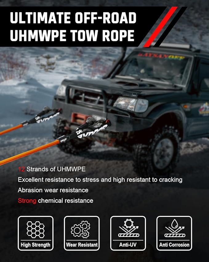 DAYDOOR Recovery Tow Rope Kit with 2 Soft Shackles, 7/16 Inch x 30 ft 31,200 Lbs UHMWPE Tow Strap, Synthetic Towing Rope Recovery Kit for ATV, UTV, SUV, Cars (Orange)