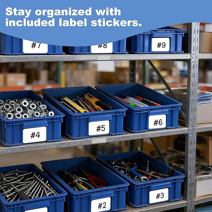 Heavy Duty Storage Bins, 180lbs Load Capacity Totes for Storage, 14.2"L x 10.4"W x 5.5"H, Stackable Straight Wall Container, Plastic Tote for Garage & Workshop, Stickable Labels, Blue, 3-Pack