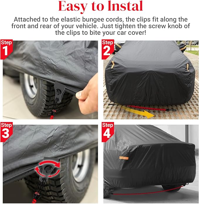 Hlogree 2PCS Car Cover Gust Straps Wind Protector,Bungee Cords Hook Clips Kit Hold Tarp Tie Down from Blowing Off in High Winds-Universal Fit for Most Cars,Sedans,SUVs,Trucks,Vans and More-Red