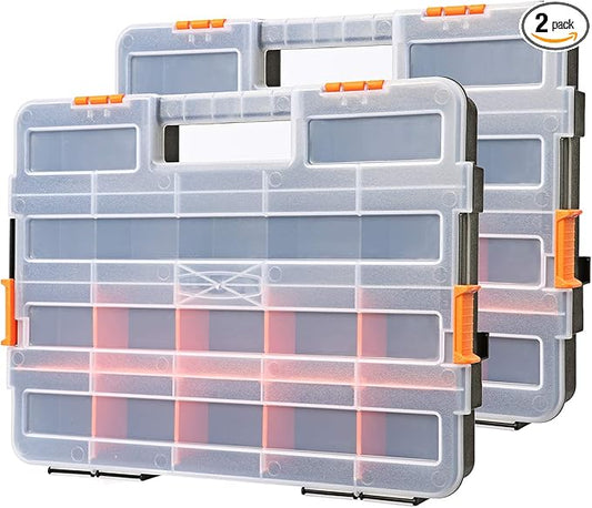 CASOMAN Tool Box Organizer Interlocking Black Small Parts Organizer for Fasteners and Crafts w/Removable Dividers (2 Piece Pack)