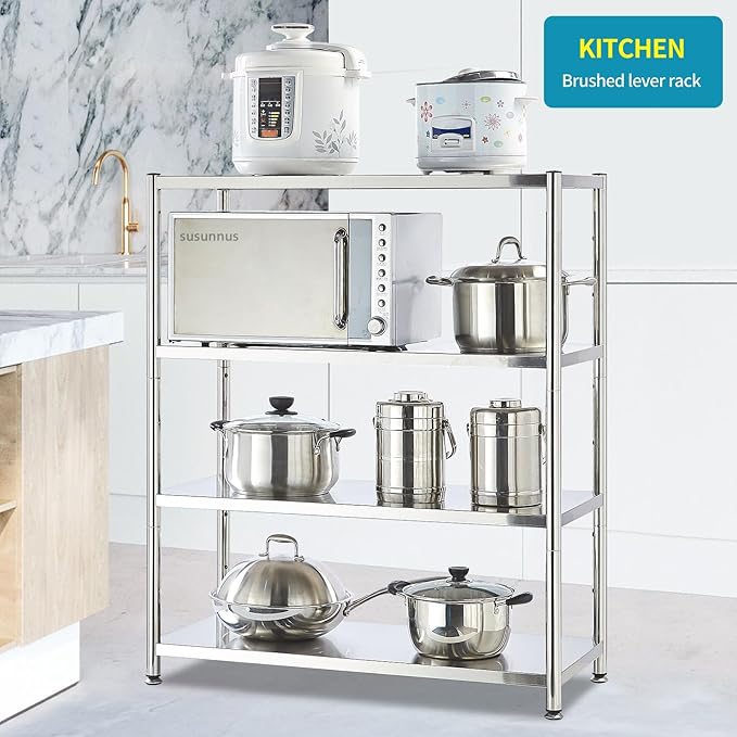 susunnus 4-Tier Stainless Steel Shelf, Heavy Duty Shelving for Kitchen, Garage, Industrial Storage, Kitchen Shelves Adjustable Feet, Easy to Clean(35.8in*15,8in Without Guardrails)