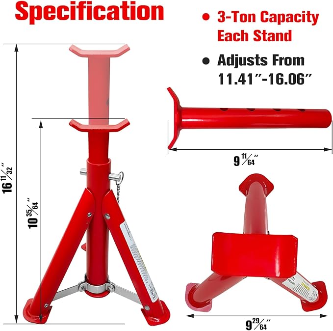 YATOINTO Foldable Jack Stands 3 Ton (6,600 LBs), 11.42"-16.06" Adjustable Height with Mobility Safety Pin,Car Jack Stand for Home&Garage, Workshops,Lifting SUV, Pickup Truck,UTV/ATV, Red, 1 Pair