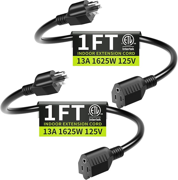 Short Extension Cord 1FT 2 Pack,16 AWG Black Power Cord Indoor for Laptops,Coffee Makers,Office Home Appliances, 3 Prong Small Extension Cable Outlet Saver,13A 125V 1625W,ETL Listed.