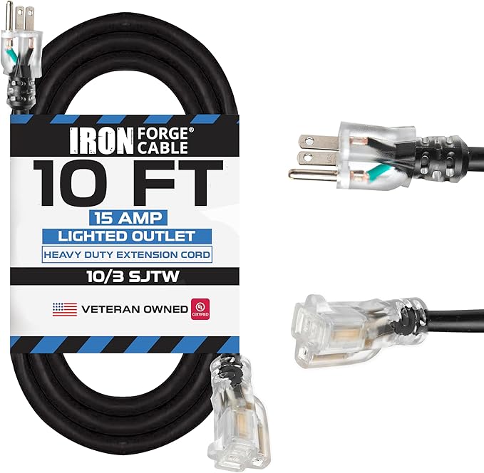 Iron Forge Cable 10 ft Lighted Outdoor Extension Cord - 10/3 SJTW Heavy Duty Black Extension Cable with 3 Prong 15 AMP Grounded Plug for Safety