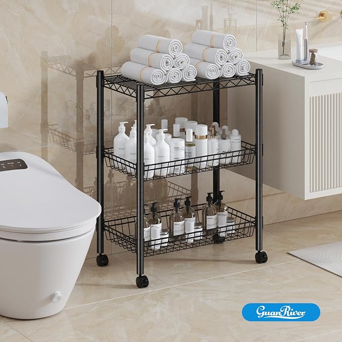 Guan River 3 Tier Rolling Cart Service Cart Wire Basket Shelf Storage Trolley Shelf 2 Bottoms for Choose(Castor or Leveling Feet) for Office,Kitchen,Black(23.23" L x 13.11" W x 32.28" H)