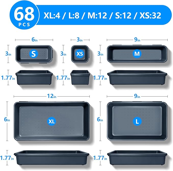 68PCS Tool Box Organizer, 5 Size Toolbox Drawer Organizer Tray, Desk Drawer Organizers, Garage Organization for Tool Chest Workbench Small Parts Widget