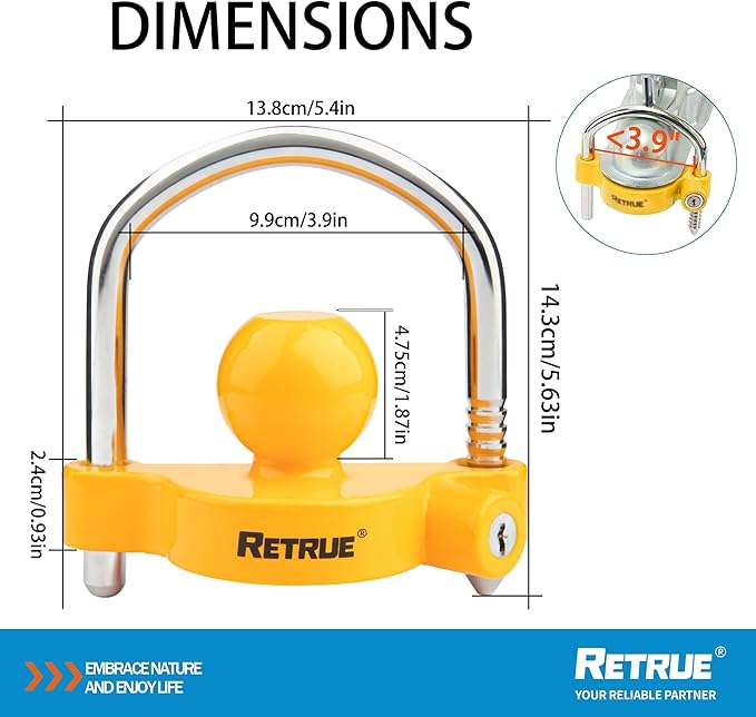 RETRUE Universal Coupler Lock Trailer Locks Ball Hitch Trailer Hitch Lock Adjustable Security Heavy-Duty Steel Fits 1-7/8 Inch, 2 Inch, 2-5/16 Inch Couplers (Pack of 2)