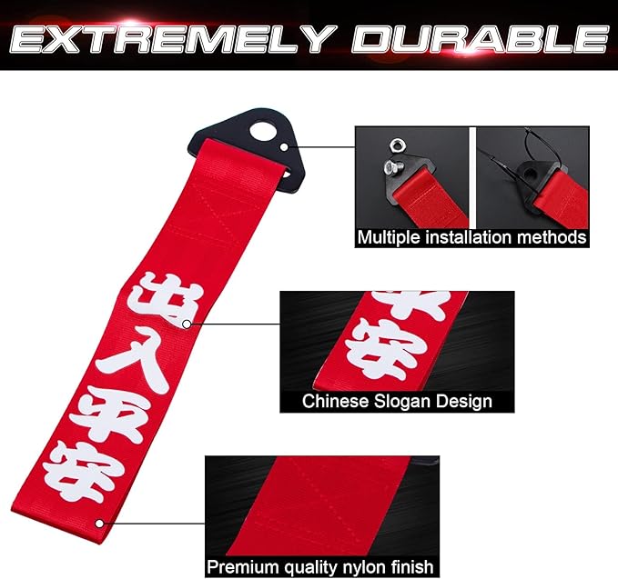 x xotic tech Tow Strap JDM Sports Red Racing Tow Strap Car Modification Decorative Trailer Belt Personalized with Chinese Slogan Fit for Rear Front Bumper (Good Luck/Safe Trip Wherever You go)