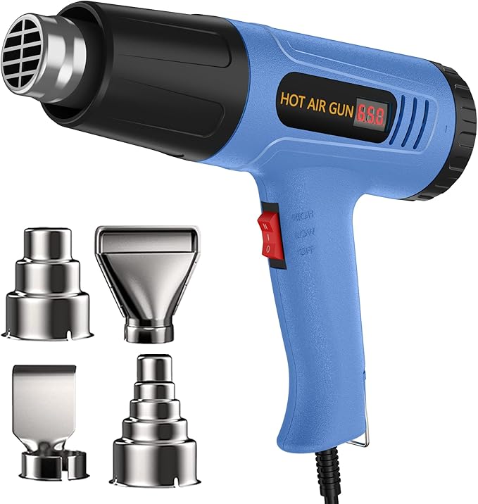 Heat Gun Side Lcd Digital Display 212 &1202℉ Dual-Lvel Temperature Control 4 Nozzles Heat Gun' Overload Protection for Crafting, Shrink Tubing, Vinyl Wrap, Shrink Wrap,5Ft Power Cord