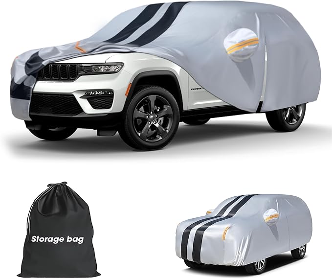 Multi-Layer Car Cover Custom Fit for Jeep grand Cherokee long(2021-2026), 100% Waterproof All Weather for Automobiles, Gift with Towel, Heavy Duty Car Covers for Rain Sun UV Protector With Door Zipper
