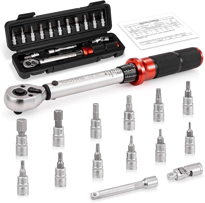 Toolwiz Bike Torque Wrench Set 1/4-Inch Drive 17.7-230.1 In-Lb/ 2-26 Nm 15 Pieces Torque Wrenches Tool Kit 72 Tooth Dual-Direction Click Type for Bicycle, MTB, Car Repair, Home Maintance