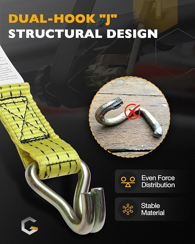 Ladder Rack Straps, W/J-Hook (2PCS), 2" Black Round Tube Mount, 1.5" Wide x 7.5' Long, Yellow Ladder Rack Ratchet Straps, 500 lbs Load Heavy Duty, Truck/Lumber Rack Strap, Pipe/Roof Rack Straps