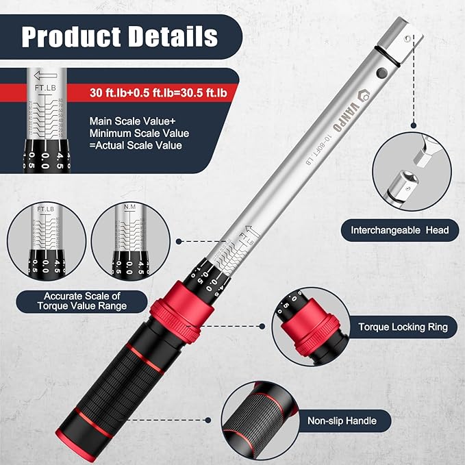 VANPO HVAC Torque Wrench 10–80 Ft-lb, 9×12mm, Adjustable Click Torque Wrench with Open End Heads (17–32mm), ±3% Accuracy for Mini Split AC & Refrigeration Flare Nut Installation