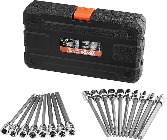 VEVOR Extra Long Allen Hex Bit Socket Set, 18-Piece 3/8 inch Drive, S2 Alloy Steel and Cr-V Steel, Standard SAE and Metric 1/8-Inch-3/8-Inch, 3-12mm, with Enhanced Storage Case, for Mechanics