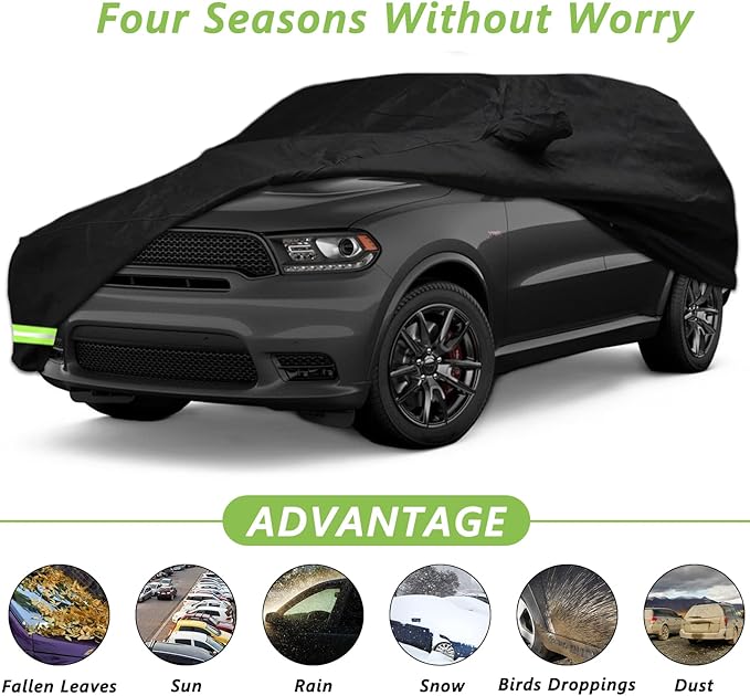 Waterproof Car Cover for 2011-2026 Dodge Durango Car Cover 190T Covers Custom Fit 100% Waterproof Windproof Strap & Double Door Zipper Up to 203” L (Black-for Dodge Durango)
