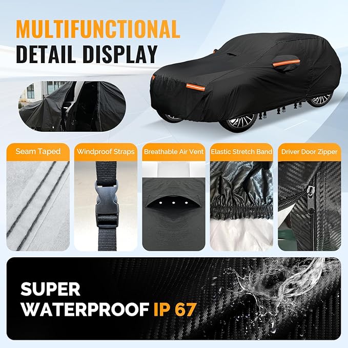 Heavy Duty SUV Car Cover for Automobiles All Weather Waterproof, Outdoor Snowproof UV Protection Windproof, Door Zipper, Soft Cotton Universal Car Covers (Black, Fit SUV 191"-200")