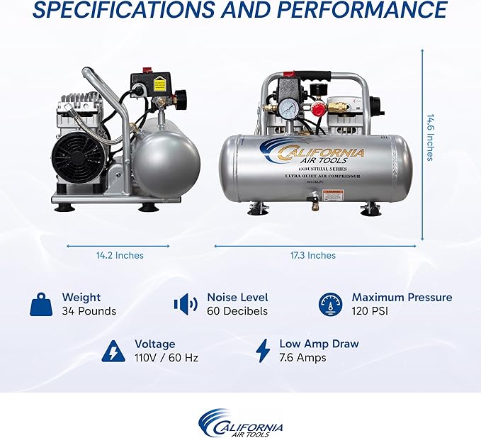 California Air Tools 2010ALFC 1.0 HP Ultra Quiet and Oil-Free Air Compressor, 2 Gallon Aluminum Tank, 60 dBA Noise Level, Industrial Series