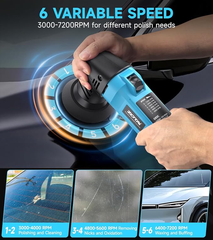 ZOTA 3 inch Polisher, 2" Mini Buffer with 8mm Random Dual Action Polisher,13.1ft(4m) Extended Power Cord for Quiet & Smooth Small Buffer Polisher.