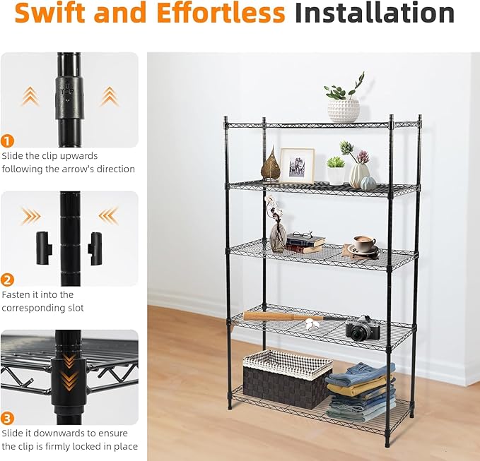 Elevon 5-Tier Storage Shelves, Adjustable Metal Wire Shelving Unit with Leveling Feet Heavy Duty Pantry Shelves Organizer Rack for Kitchen Garage Laundry Office Warehouse, 35"L x13.4"W x64.3"H, Black