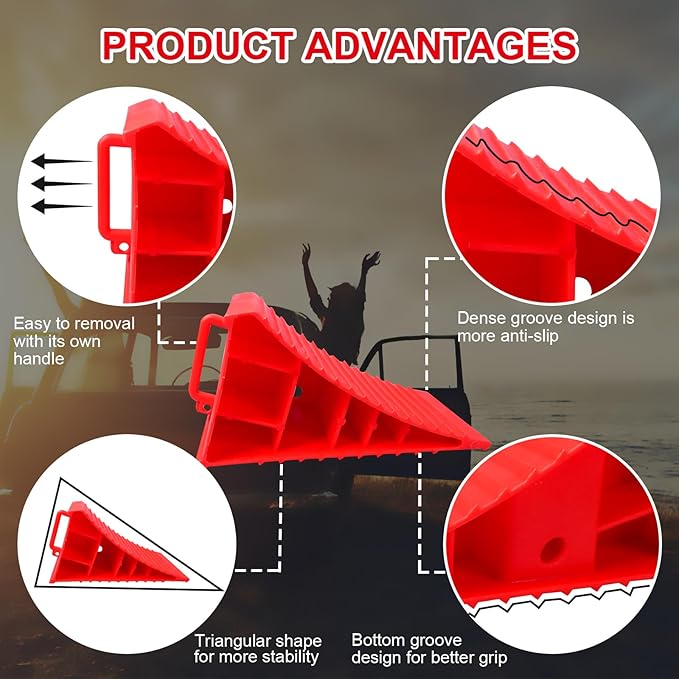 4Pack Wheel Chocks for RV Trailer Non Slip Heavy Duty Red Camper Wheel Chocks with Handle for Easy Removal Polypropylene Wheel Stoppers for Cars Campers Trucks Rvs