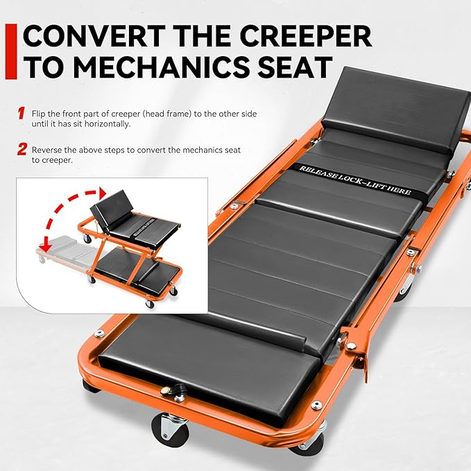 Auto Dynasty 48" Z-Creeper Seat, 2-in-1 Foldable Garage Rolling Creeper Shop Seat, 330 LBS Capacity Automotive Mechanic Under Car Repair Tool, Orange