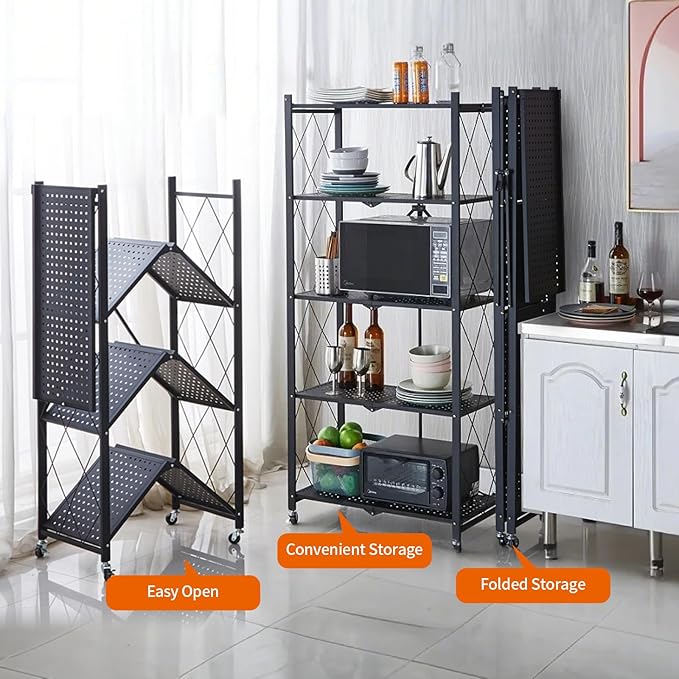 5-Tier Heavy Duty Foldable Metal Rack Storage Shelving Units 28" W x 14" D x 65" H for Kitchen Bakers Closet, Metal Wire,with Wheels Moving Easily
