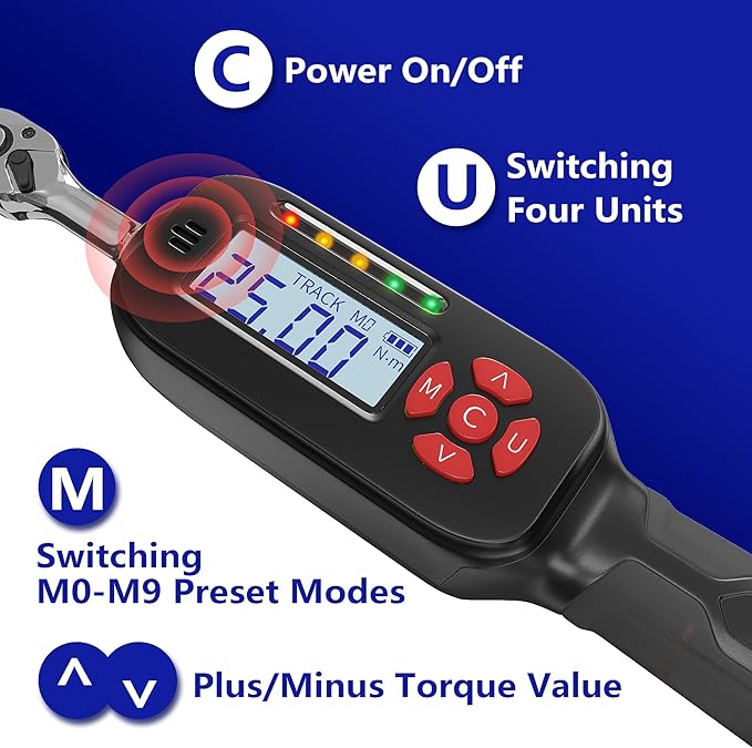 1/4 Inch Drive Digital Torque Wrench, 1.1-22.1Ft.lb/1.5-30Nm Electronic Bike Torque Wrench, ±2% Accuracy with Preset Value, Data Storage, Buzzer and LED Flash Notification for Bicycle Moto
