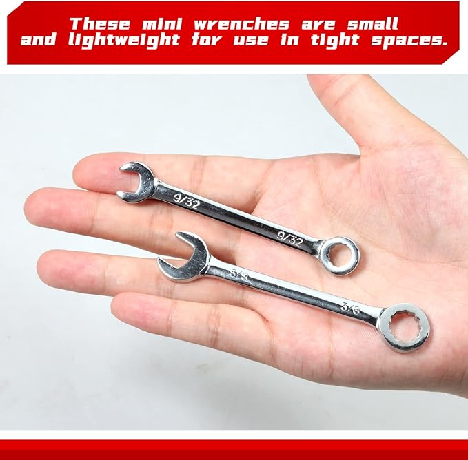 Mini Wrench Set, 10-Piece SAE Wrenches, Rust-Resistant Chrome Finish, Ideal for Automotive, Industrial, Home, Hobby - Silver