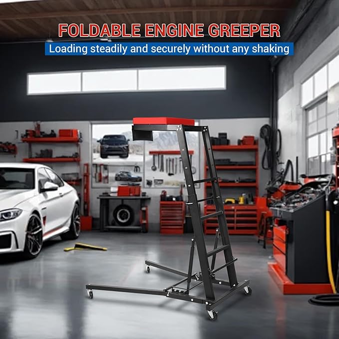 Automotive Top side Creeper, Adjustable Top Side Engine Creeper 48"-66", 400 LBS Capacity Heavy Duty Automotive Engine Creeper with Padded Deck & 4 Swivel Caster Wheels, Red Mat and Black Body