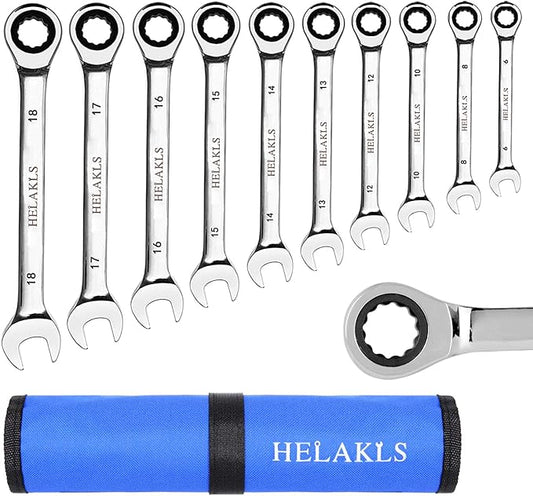 10-Piece Ratcheting Wrench Set (6-18 MM) Metric Chrome Vanadium Steel Combination Ended Gear Spanner Tool Kits With Carrying Bag