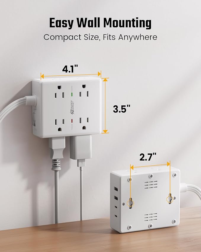 20Ft Long Extension Cord, Flat Plug Power Strip with 8 Outlets & 4 USB Ports (2 USB C), Wall Mountable Surge Protector, Desk Charging Station for Home Office, College Dorm Room Essentials