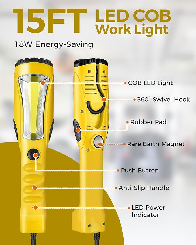 18W LED Work Light, 15FT 2000LM COB LED Light, Handheld Underhood Trouble Light with Cord 16 Gauge SJTW, Swivel Hook, for Garage, Workshop, Car Repair Scene, ETL Listed, Yellow Y03WL06