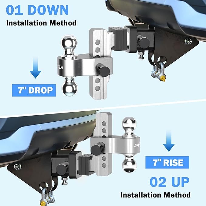Adjustable Trailer Drop Hitch: 12,500 LBS GTW, 8" Drop Dual Ball for 2" and 2-5/16" - Fits 2 Inch Receiver, Heavy Duty Aluminum (Anti-Rattle) Silver