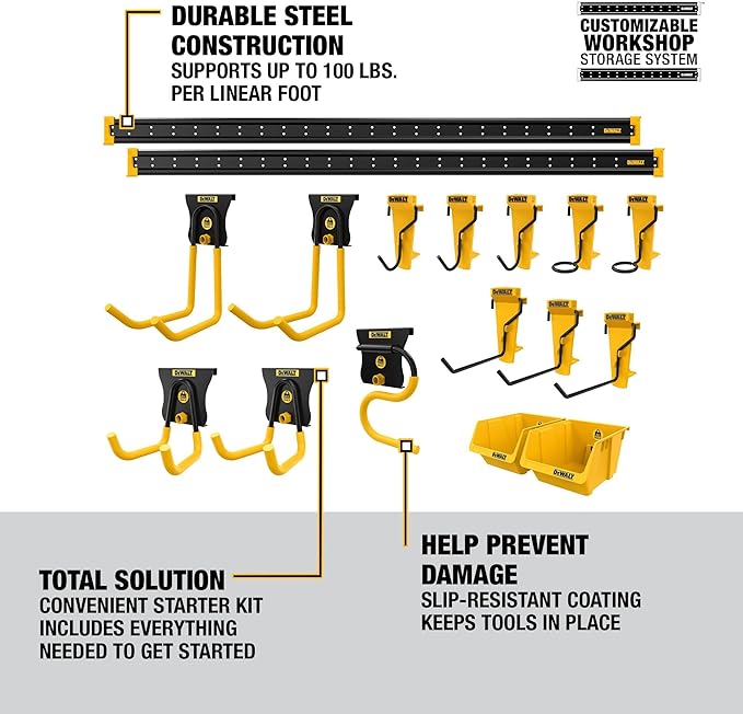 DEWALT Tool Organizer, 21 Piece Accessory Starter Kit, Includes 2 Metal Rails, 13 Hooks, and 2 Plastic Bins, DEWALT Workshop Storage System Compatible (DWST82801)