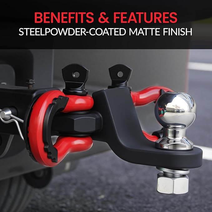 Trailer Hitch Ball Mount with 2 D Ring Tow Shackles Compatible with 2" Hitch Receiver 7500 lbs Capacity, 2" Ball Hitch and 3/4" Red Shackle Combo Suitable for Trucks, Suvs, Sedans, and Other Vehicles