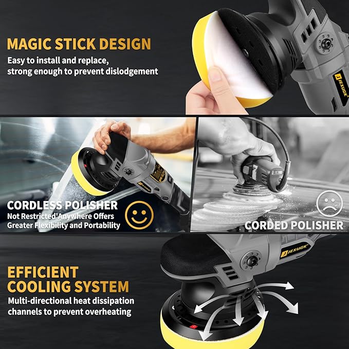 JEXUGK 5" Cordless Car Buffer Polisher, 21V Professional Brushless Polisher w/ 2 x 4.0Ah Battery, Orbital Pulidora De Autos Inalambrica w/ 6 Speed, Car Buffer Waxer Kit for Sanding, Scratch Removing