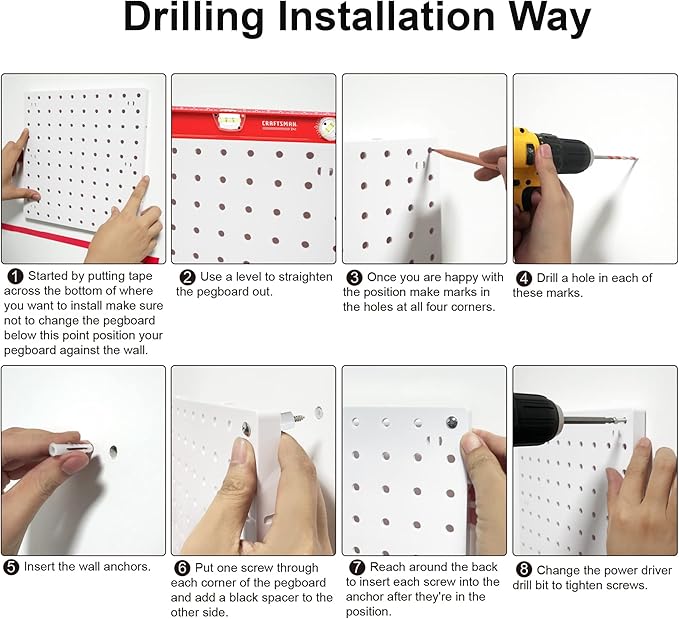 8Pcs Pegboard Wall Organizer Panels, White Pegboard Wall Mount for Craft Room, Garage, Kitchen, Living Room, Bathroom, and Study Room, Peg Boards for Walls Easy to Install