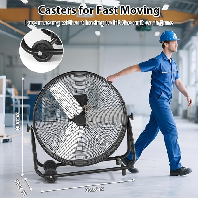 LifePlus 30" Industrial Drum Fan, 14000 CFM 550W High Velocity 3-Speed Heavy Duty Metal Air Circulator with 360° Tilt, Casters Handle for Warehouse Factory workshops Patios Garage