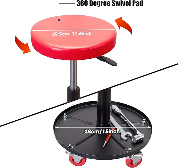 Torin ATRHL6201B Heavy Duty Rolling Pneumatic Creeper Garage/Shop Seat: Padded Adjustable Mechanic Stool with Tool Tray Storage, Red 250 LBS