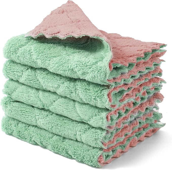 kimteny Cleaning Cloths Kitchen Towels Microfiber Washcloths Lint Free Dish Cloth Reusable Dishtowels Household Super Absorbent Fast Drying, 10"x10", Pack of 5 (Pink-Green)