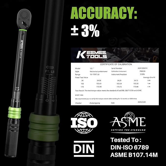 1/2-Inch Drive Click Torque Wrench - 10-170 Ft-Lb/13.6-230.5Nm, Adjustable Dual-Direction Torque Wrench with 3% Precision, 72 Tooth Head, Dual Range for Bike, Motorcycle and Car Repair