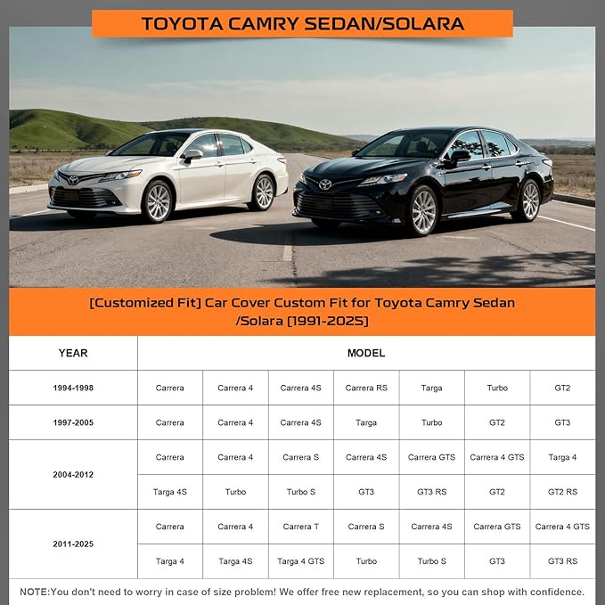 Kayme Heavy Duty Car Cover Custom Fit for Toyota Camry Sedan/Solara (1991-2025), Outdoor Full Exterior Cover with Tape and Towel, Rain Snow Sun UV Protection.