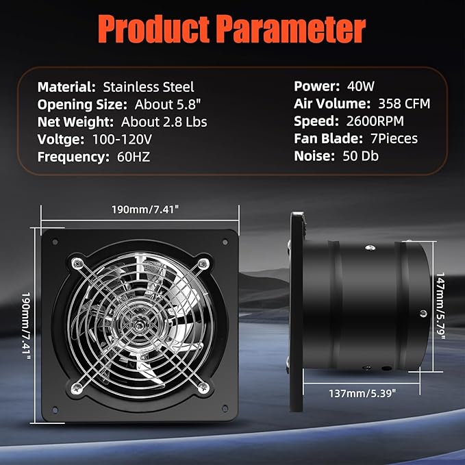 6 Inch Exhaust Fan with Speed Controller, 358CFM Wall Mount Exhaust Fan for Kitchen, Metal Ventilation Extractor Fan with Damper for Bathroom, Garage, Attic, Shop, Pet Room, Smoking Room, Basement