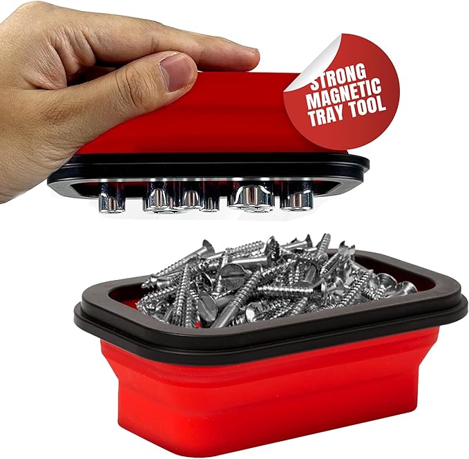 Magnetic Parts Tray Set 3-Pack - Collapsible Silicone Magnetic Tray with Strong Base - Multi-Size (Red)