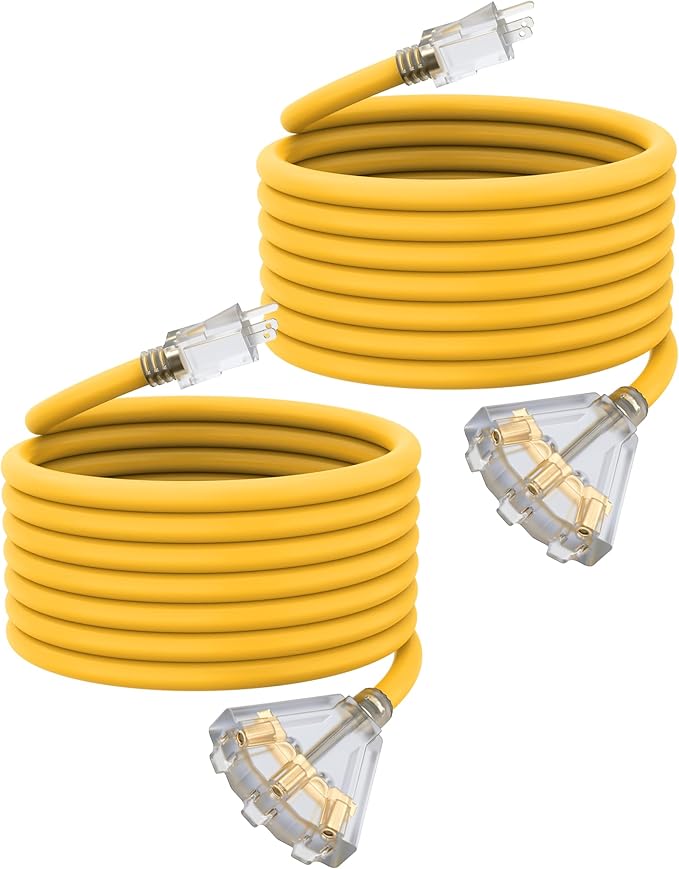 25Ft 12 Gauge Outdoor Extension Cord with 3-Outlets, 2 Pack, Heavy Duty 3 Prong Extension Cord Waterproof with Lighted end, 15A SJTW, ETL Listed, Yellow