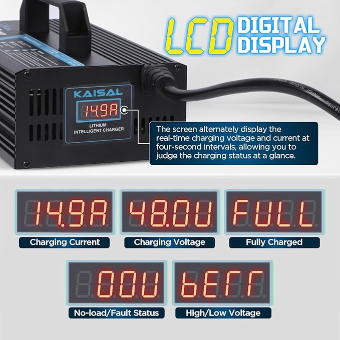 KAISAL 48V/58.4V 15A Lifepo4 Battery Charger - Onboard 48 Volt Lithium Golf Cart & Forklift Charger with IP68 Waterproof Removable Plug