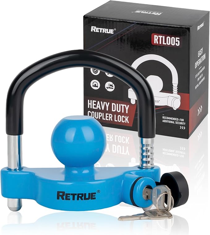 RETRUE Universal Trailer Ball Lock Hitch Coupler Locks Fits 1-7/8 Inch, 2 Inch, 2-5/16 Inch Couplers Adjustable Security with Weatherproof Cover and Cap, Blue