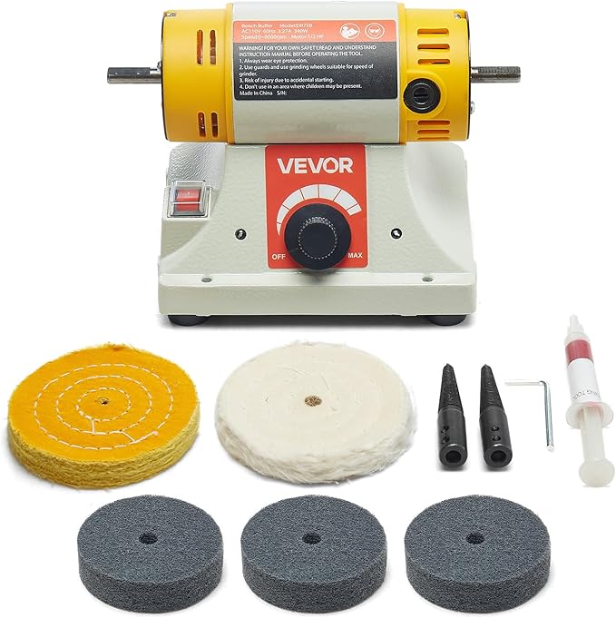 VEVOR Bench Buffer Polisher, 1/2HP Polishing and Buffing Machine, 0 to 8000RPM Benchtop Polisher with 2PCS 4" Cotton Wheel, 3PCS 3" Abrasive Fiber Wheels & Polishing Compound for Metal Jewelry Wood